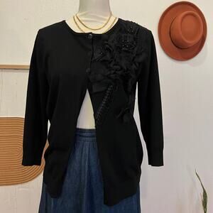 August Silk Black Soft Embellished Floral Detail Button Front Cardigan Sweater